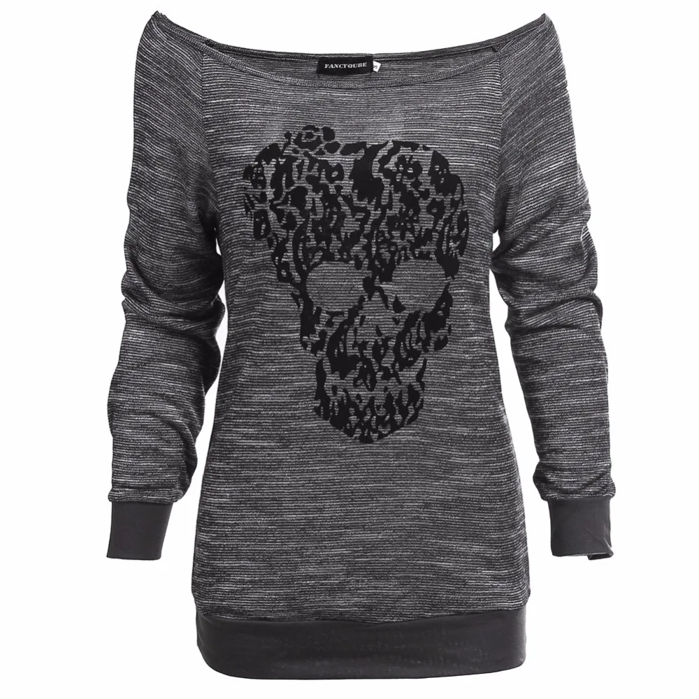 عالية الشارع الجمجمة طباعة القطع الرقبة البلوز الخريف 2018 مثير المرأة قمم هوديي البلوفرات طويل الأكمام C79201