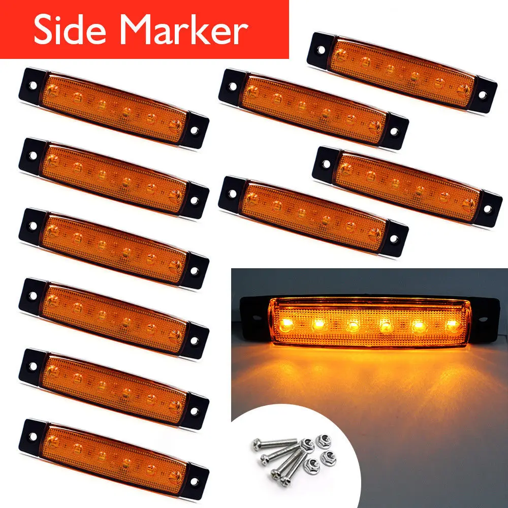 

10Pcs 12V 24V 6 LED Side Marker Indicators Lights Lamp For Car Truck Trailer Lorry Amber Yellow Clearence Lamp Bus