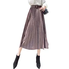 Женская новая весенне-осенняя Золотая Бархатная юбка миди Женская пышная Свободная юбка с высокой талией Женская однотонная плиссированная бархатная юбка V587