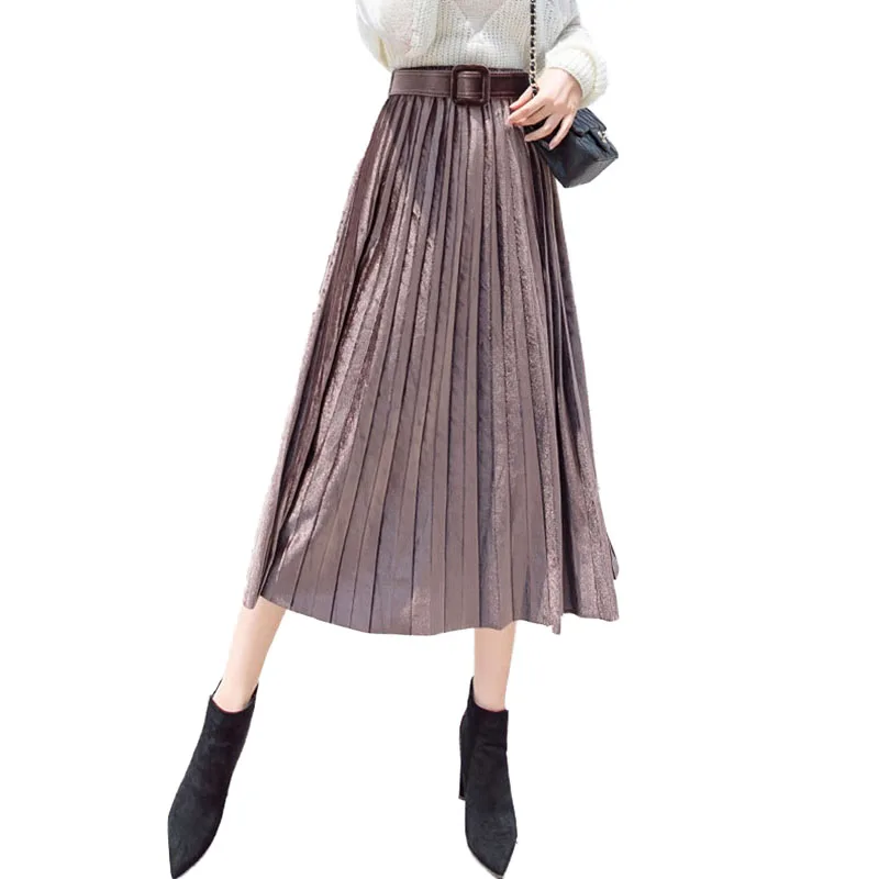 

Women 2019 New Spring Autumn Midi Gold Velvet Skirt Female High Waisted Large Swing Skirt Ladies Solid Pleated Velvet Skirt V587