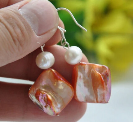

hot sell new - 1514 orange square shell white round pearl DANGLE EARRING
