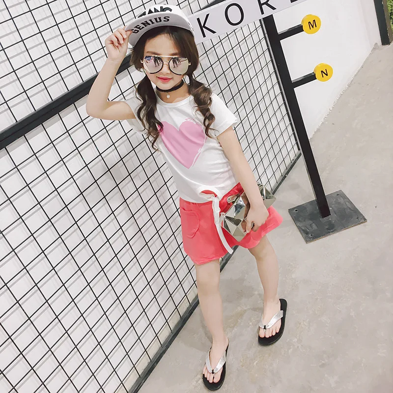 

Casual girls clothing sets cartoon tshirt skirt kids love-star printing top pocket short skirt sports wear knitted sets girls