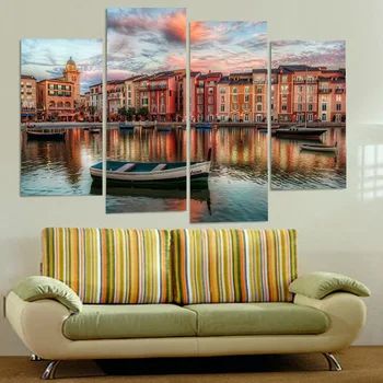 

HD Frame Home Decor Canvas Painting Poster 4 Piece/Pcs Lakeside City Dusk Scenery Modern Wall Art Living Room Printed Pictures
