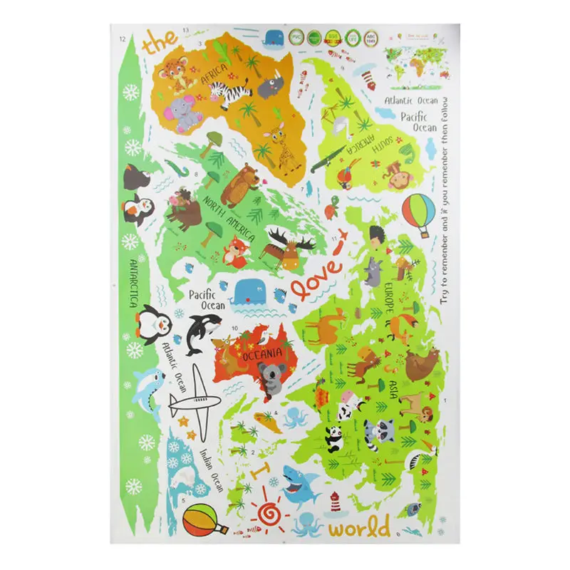 Colorful World Map Wall Sticker Decal Vinyl Animal Cartoon Wall Stickers For Kids Rooms Nursery Home Decor Children Art Poster