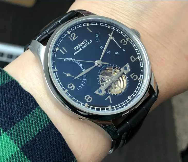 

43mm PARNIS black dial power reserve Automatic Self-Wind Mechanical movement Automatic date men's watch Leather Starps pa104-p8