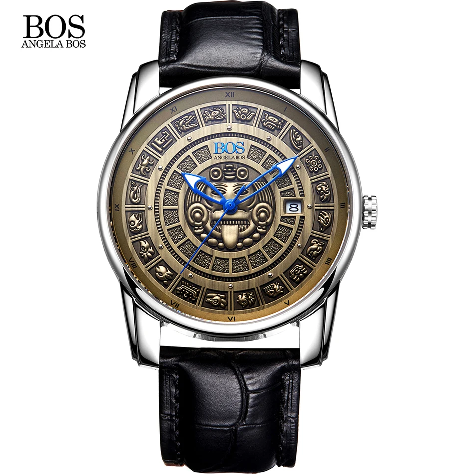 

ANGELA BOS Top Brand Luxury Retro 3D Mayan Calendar Dial Stainless Steel Automatic Mechanical Watch Luminous Men Watches