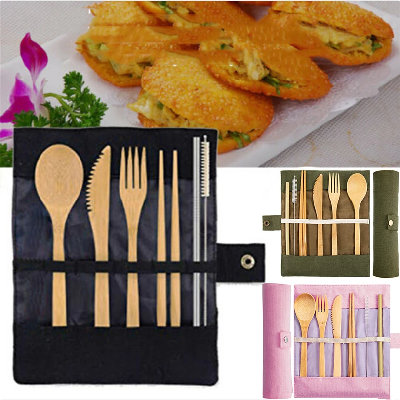 

7PC/Set Reusable Tableware Bamboo Cutlery Set Travel Picnic Utensils With Storage Bags For Home Travel Utensil Set JJ30