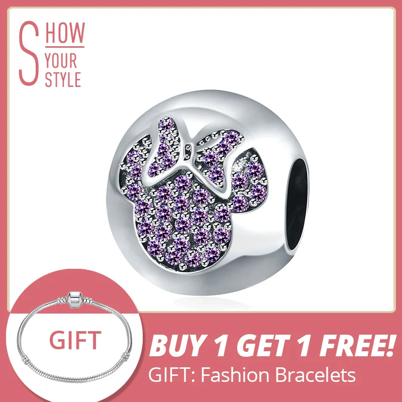 

SHEON 925 sterling silver cute Butterfly Mickey charms pave purple CZ beads fit original pandora bracelet fashion diy Jewelry