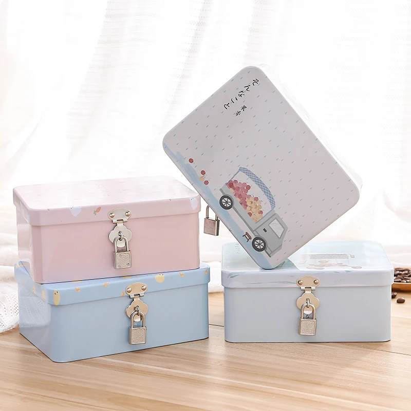 

Creative Lockable Tin Storage Box Desktop Organizer Storage Case Makeup Cosmetic Box Jewelry Sundries Small Iron Box