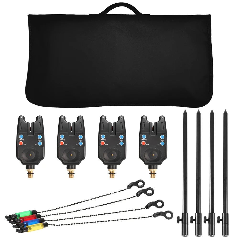 

4Pcs Digital Fishing Bait Alarm Set Fishing Alarm Indicator Kit Alert Bell Receiver 4 Swingers Fishing Tackle with Portable Bag