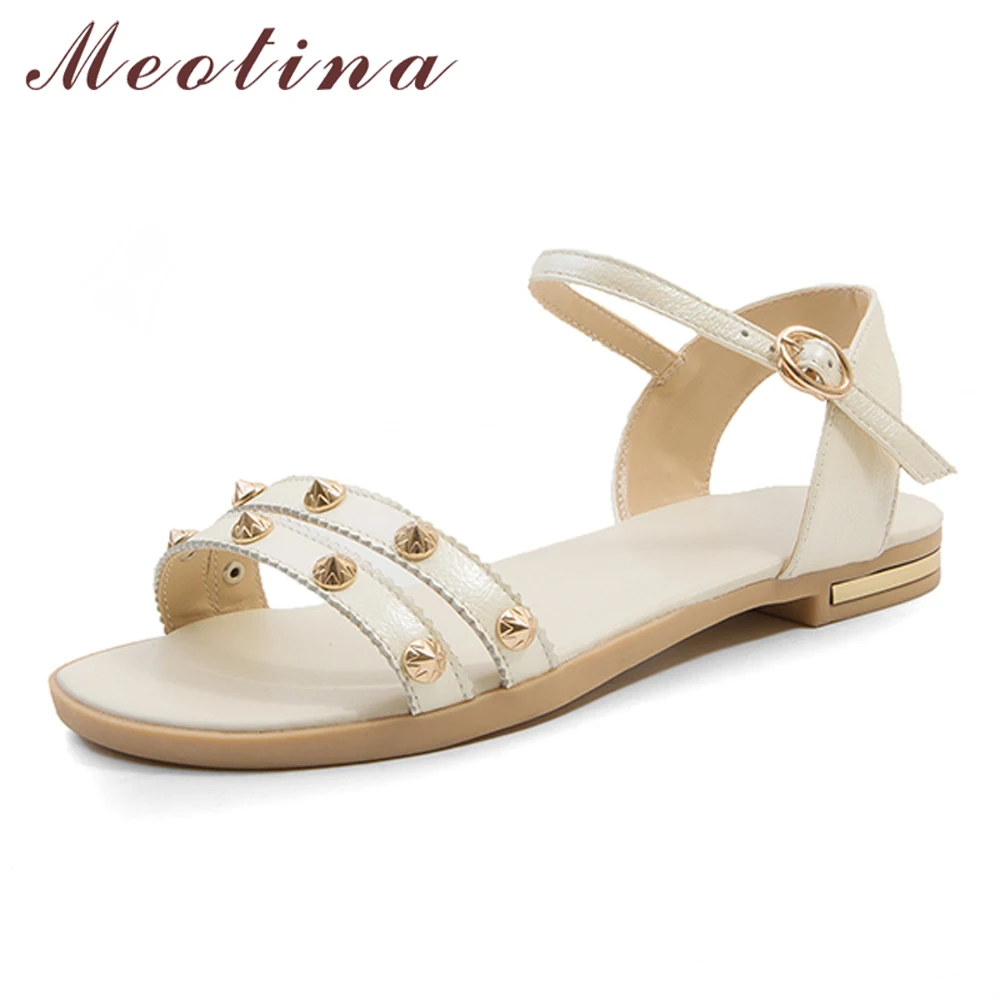 

Meotina Summer Sandals Women Shoes Natural Genuine Leather Rivets Flat Shoes Buckle Open Toe Female Sandals 2019 Plus Size 33-46