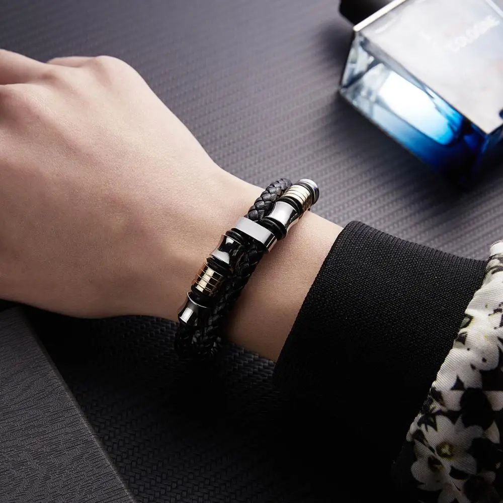 

RINHOO Punk Men Braided Leather Bracelet Male Handmade Bracelet Stainless Steel Magnetic Clasp Male Wristband Gift Jewelry