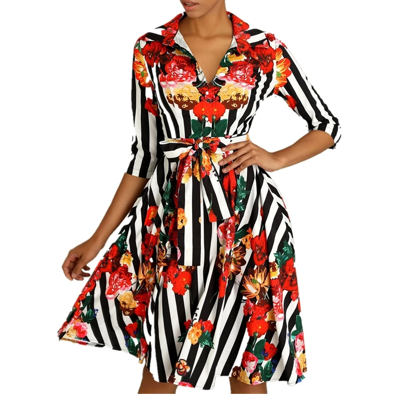

New Autumn Women Striped Floral Shirtdress Vestidos dress Vogue Female sashes belt half sleeve pearl button v neck dresses femme