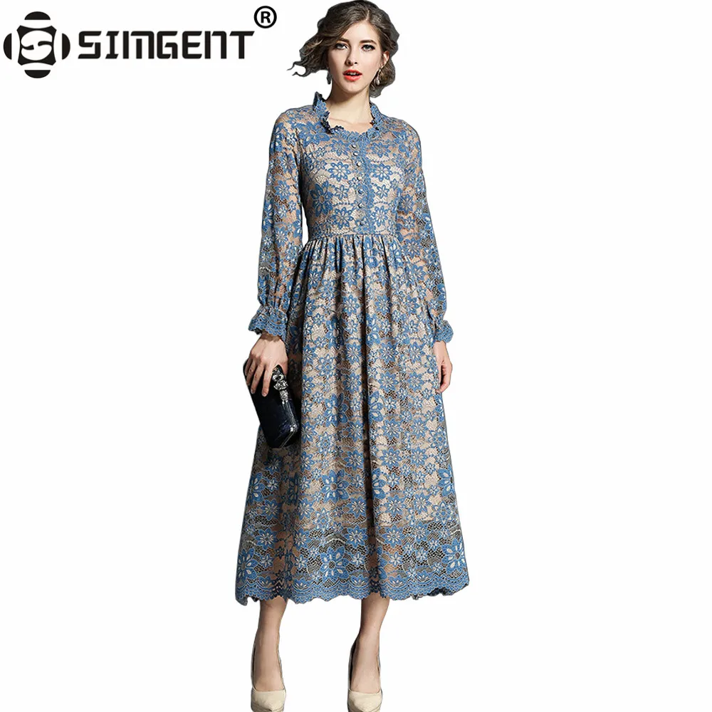 

Simgent Women Spring Long Sleeve Elegant Sexy See Through Flare Sleeve Hollow Out Lace Midi Vintage Dress Vestidos Jurk SG711234