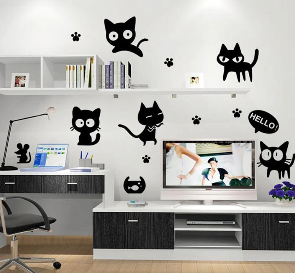 高品質細かい壁紙かわいい黒猫ステッカー壁紙花アップリケホームセンター世帯用品 Sticker Wallpaper Black Cat Stickercat Sticker Aliexpress