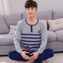 Для мужчин s пижамы весна и осень с длинными рукавами из хлопка, пижамы, одежда для сна пижамы Для мужчин сна лаунж-Пижама, комплект модной одежды в полоску с вышивкой одежда