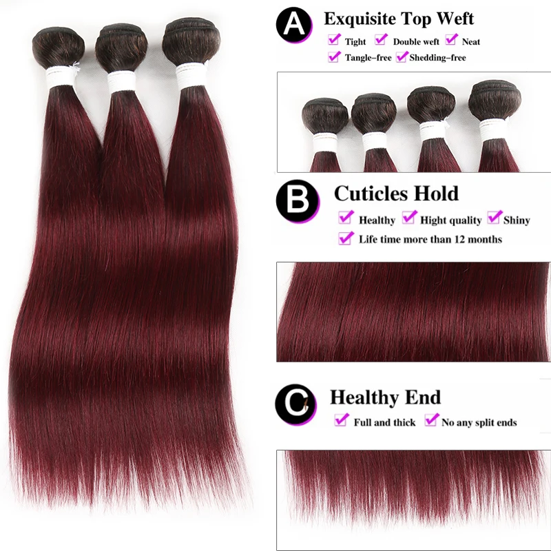 4 пучка человеческих волос T1B 99J темные корни Омбре красные бразильские прямые человеческие волосы плетение пучки kemy Hair не-remy наращивание волос