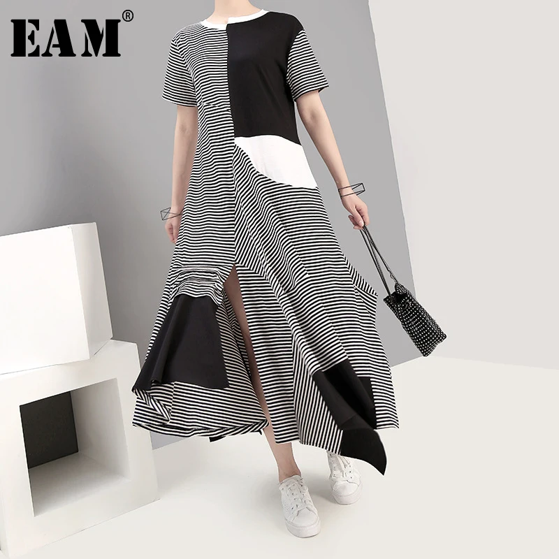 

[EAM] 2019 New Spring Summer Round Neck Short Sleeve Black Striped Split Joint Loose Irregular Dress Women Fashion Tide JX995