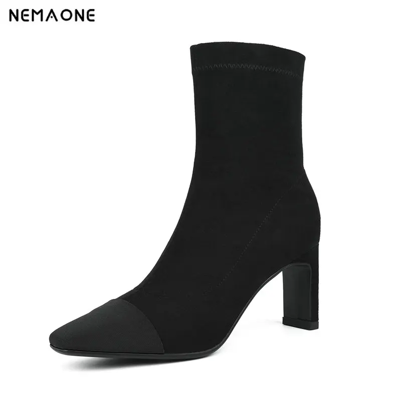 

NemaoNe Spring Women's Boots square Toe real flock Ankle Boots High Heels Shoes Woman Female Socks Boots