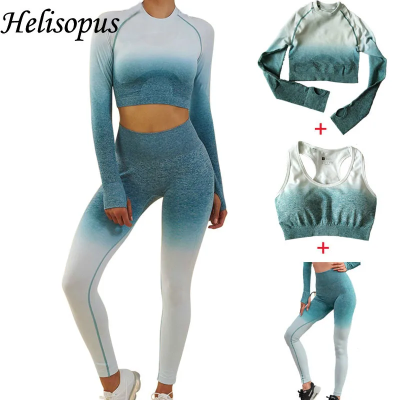 

Helisopus Sportswear Ombre Seamless Set Women Sport Suit Gym Workout Clothes Long Sleeve Crop Top+Sexy Sports Bra+Leggings