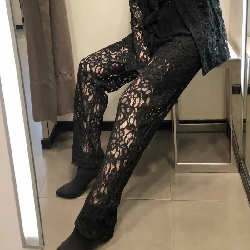 

Women's Sexy Black Lace Pants 2019 Summer Autumn High Fashion Young Girls Ladies Elegant Black Lace Straight Trousers