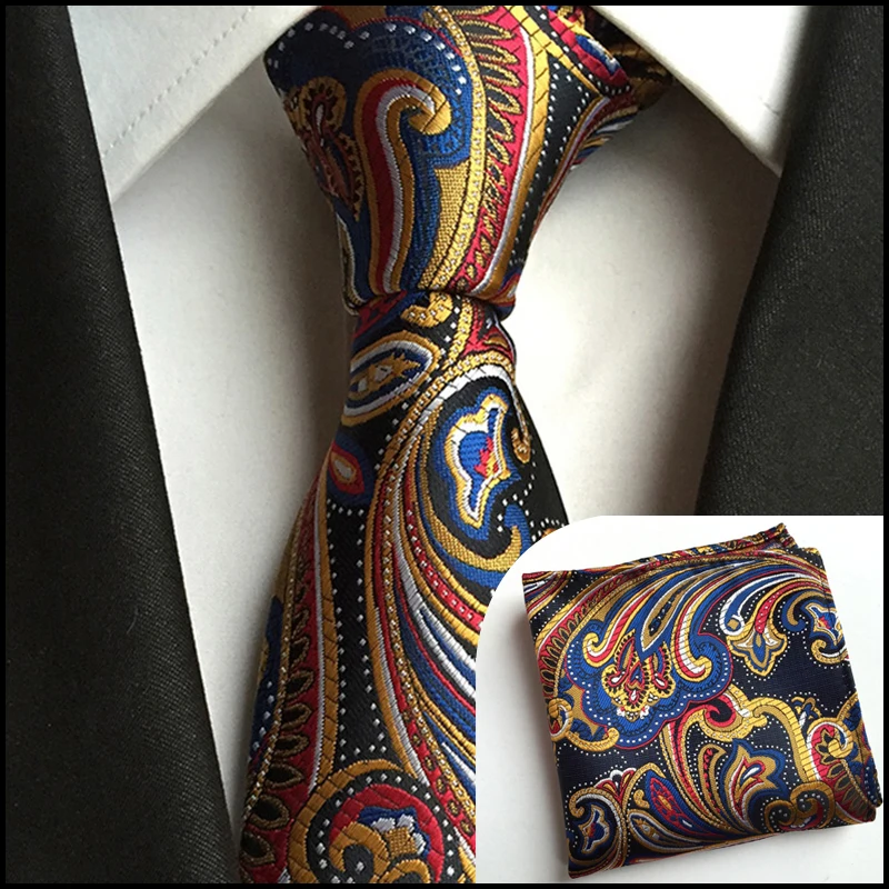  2017 Fashion Gold Navy Blue Paisley 8cm Woven Slim Skinny Narrow Men Tie Necktie Handkerchief Pocke