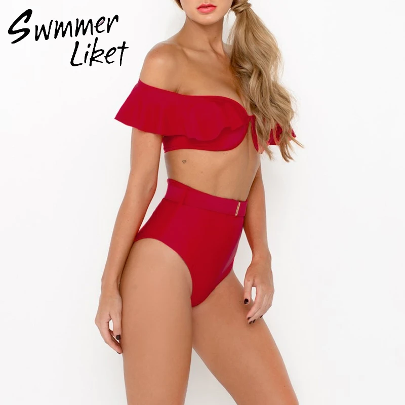 Red ruffled swimsuit female Sexy deep v bathing suit women bathers High waist bikini Push up off shoulder swimwear 2018 biquini Red ruffled swimsuit female Sexy deep v bathing suit women bathers High waist bikini Push up off shoulder swimwear 2018 biquini