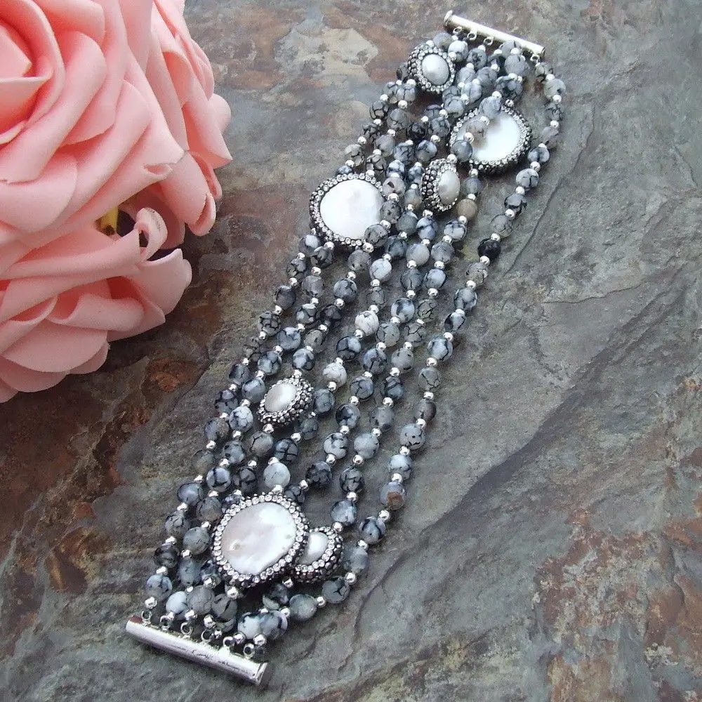 

AB051912 7 Strands White Coin Pearl Round Stone Bracelet 8''