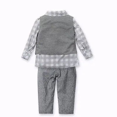 Одежда джентльмена для новорожденных мальчиков Серый жилет на пуговицах+ клетчатые рубашки+ штаны-шаровары комплект из 3 предметов