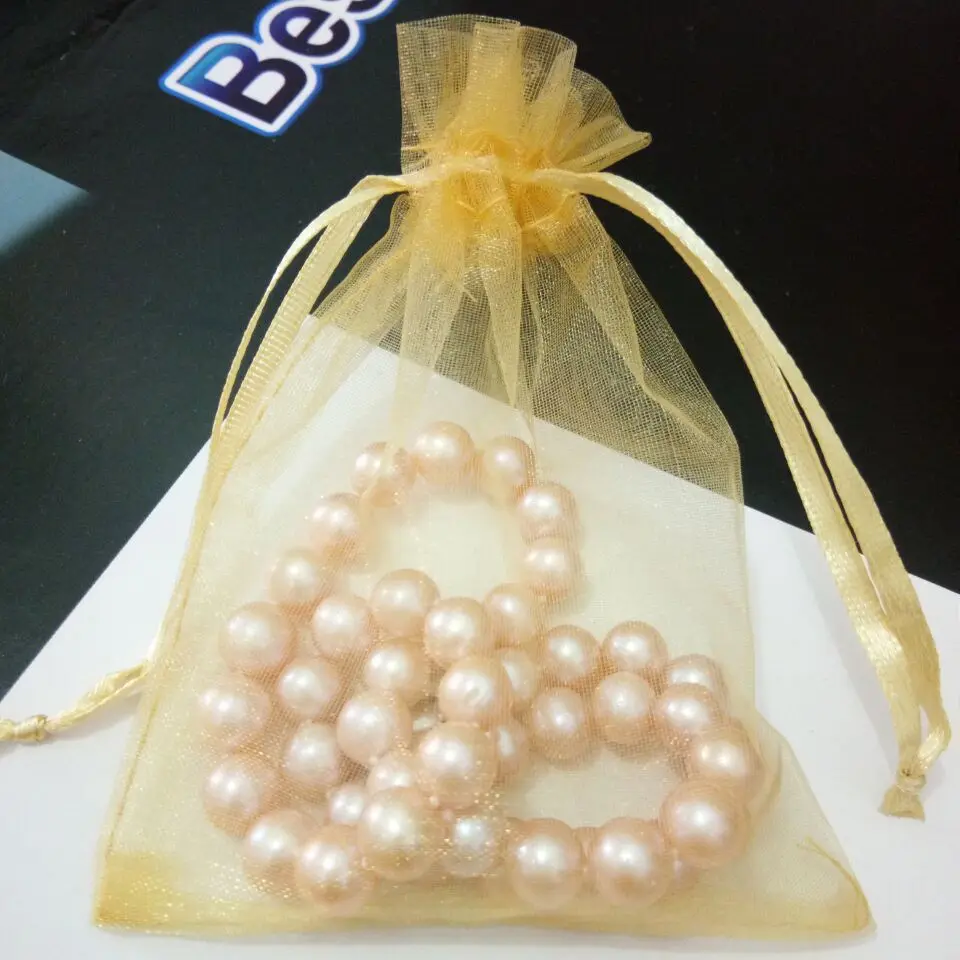 

free shipping Gold Drawable Organza bag Drawstring pouch Wedding birthday Christmas party gift jewelry packaging display bags