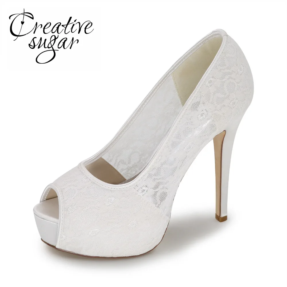 

Creativesugar woman platform high heels see through soft lace dress evening shoes wedding cocktail homecoming 5'' heel pumps