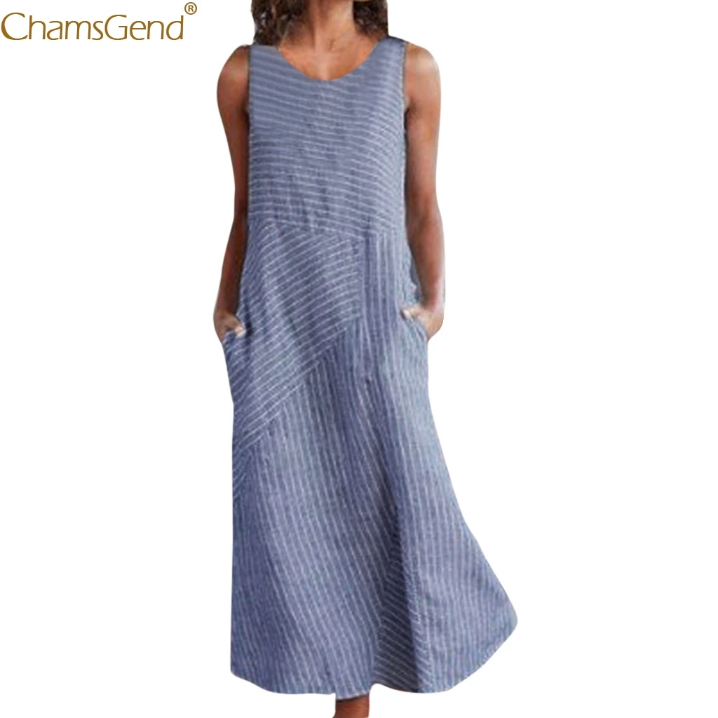 

Casual Sundress Summer Dress Women Boho Summer Dress Plus Size Beach Female Linen Loose Irregular Stripe Pocket Maxi Dress Apr