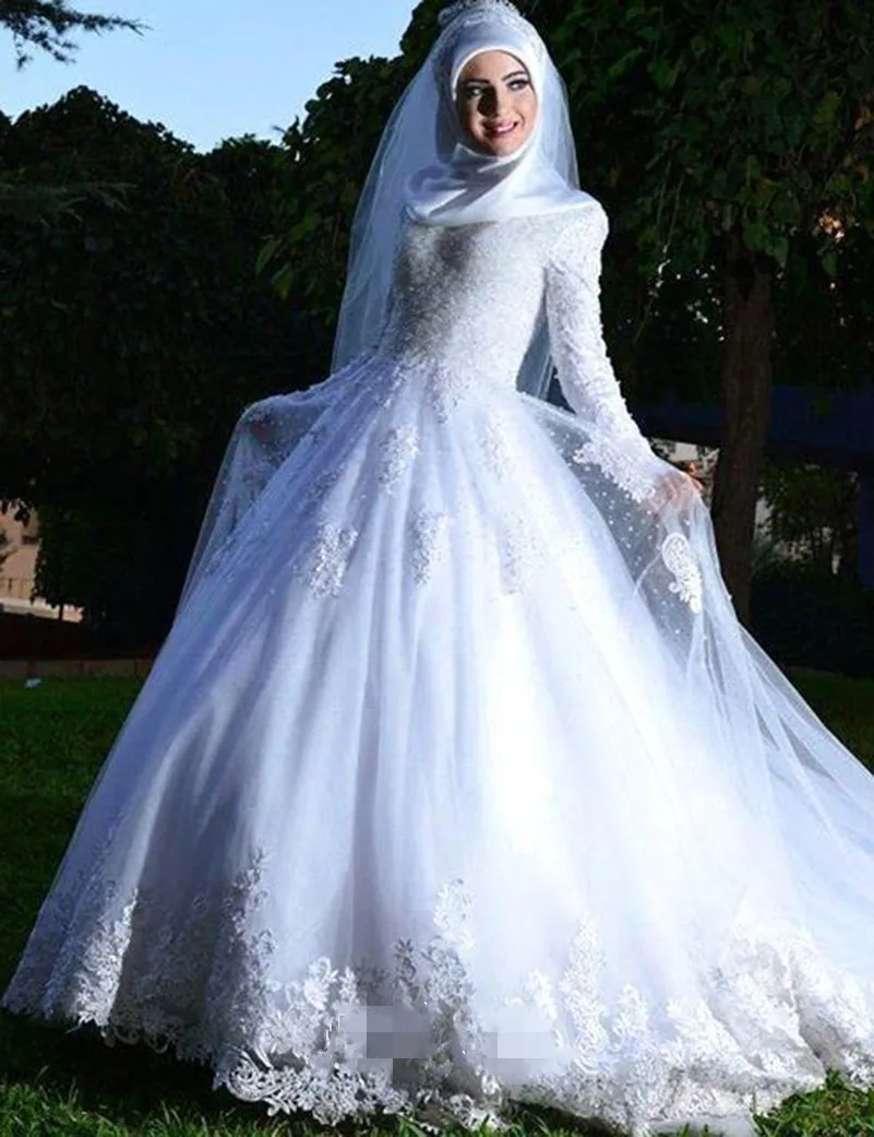 Custom Made Long Sleeve Muslim Wedding Dress A Line font b Hijab b font Arabic Wedding