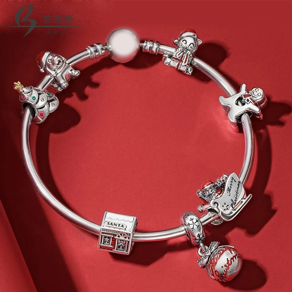 

BEST 100% 925 Sterling Silver 1:1 Christmas Christmas Tree Puppy Snowman House Sleigh Gift Bracelet Set Free Shipping
