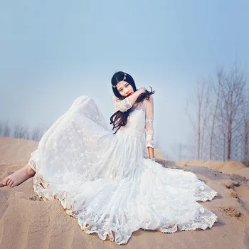 

2016 new spring summer new Vintage lace Europe and America High waist was thin white lady long dress Small Fresh Literary Range