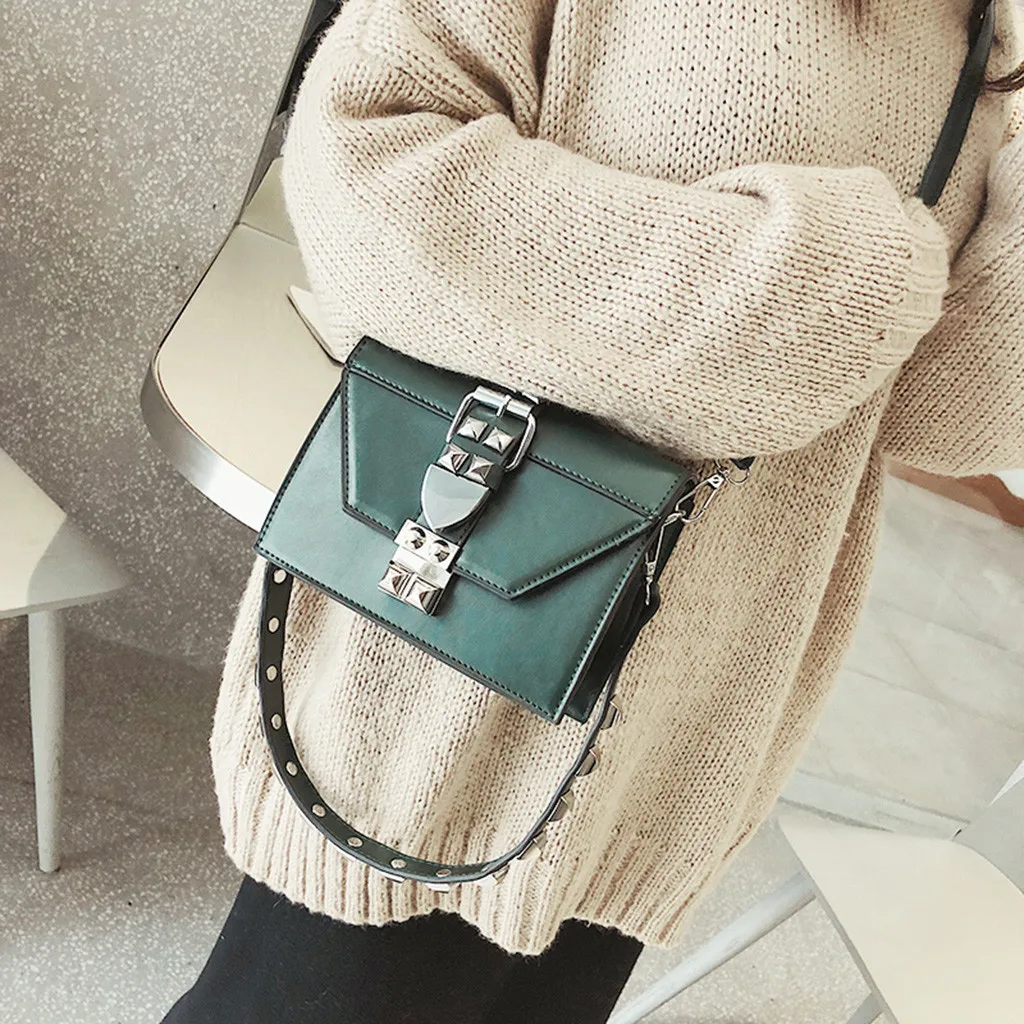 35# модная цветная женская сумка из искусственной кожи с заклепками модная металлическая сумка на одно плечо Маленькая квадратная сумка - Цвет: Green