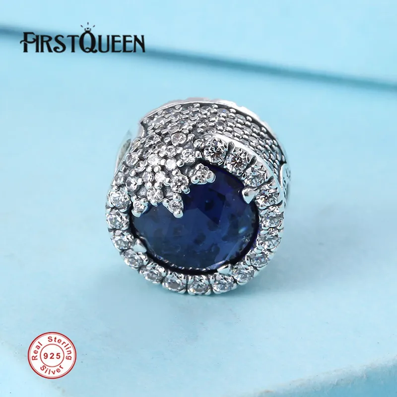 

FirstQueen 925 Sterling Silver Dazzling Snowflake Blue and Clear CZ Bead Fits bracelet charme argent 925 supplies for jewelry