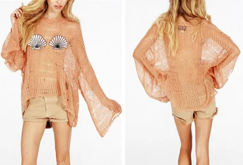 

2014 Women's Hole Sweater Sequin Shell Bra Pattern in Front Mermaid Irregular Hem Loose Knitted Crochet Sweater