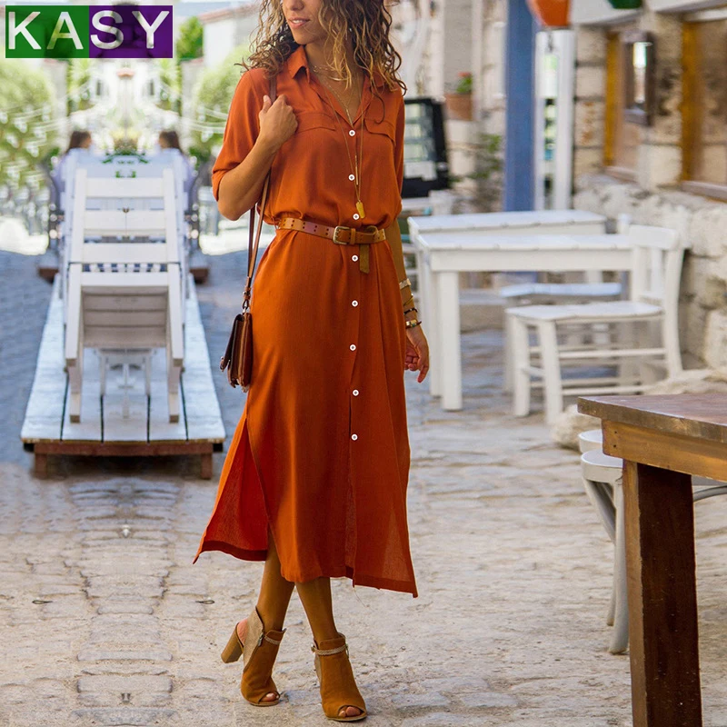 

Autumn Winter Women Casual Loose Long Dress Women Long Sleeve Button Shirt Maxi Dresses Split Solid Maxi Dress Ladies Vestido
