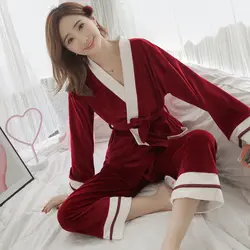 Толстые теплые мягкие Silver Fox бархат пижама-кимоно наборы для ухода за кожей для женщин 2018 Зима с длинным рукавом девушка милые пижамы