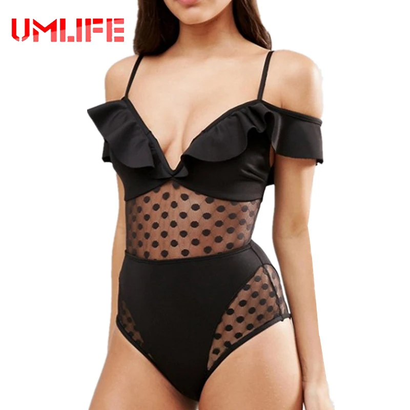 

UMLIFE 2017 New One Piece Swimsuit Swimwear Women Sexy Net Yarn Bathing Suit Swimming Suit Black Mesh Monokini Maillot De Bain
