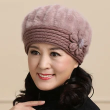 Красивая Женская зимняя меховая шапка, шапка, набор, кепки с цветами, женские головные уборы, теплые шапки, женские зимние шапки из кроличьего меха, вязанные Beani