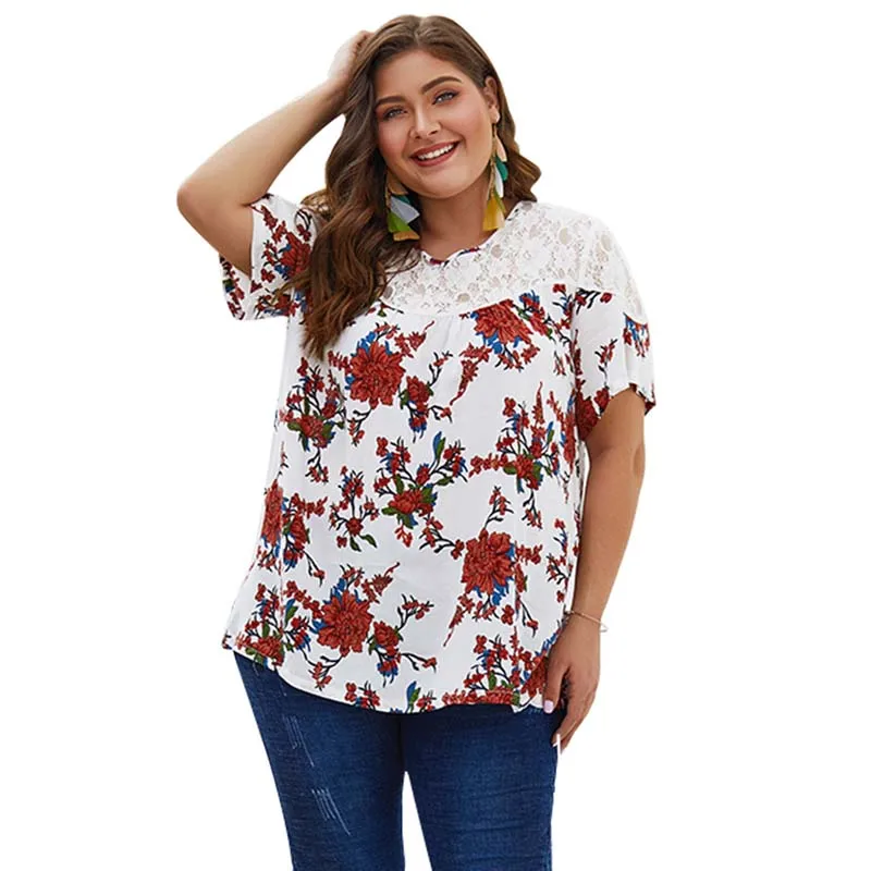 2019 Summer Women Tshirt Fat Oversize Lace Floral T Shirts Female Plus ...