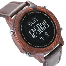 1 шт. мужские электронные часы деревянный корпус регулируемый кожаный ремешок винтажный Многофункциональный Круглый циферблат LL@ 17