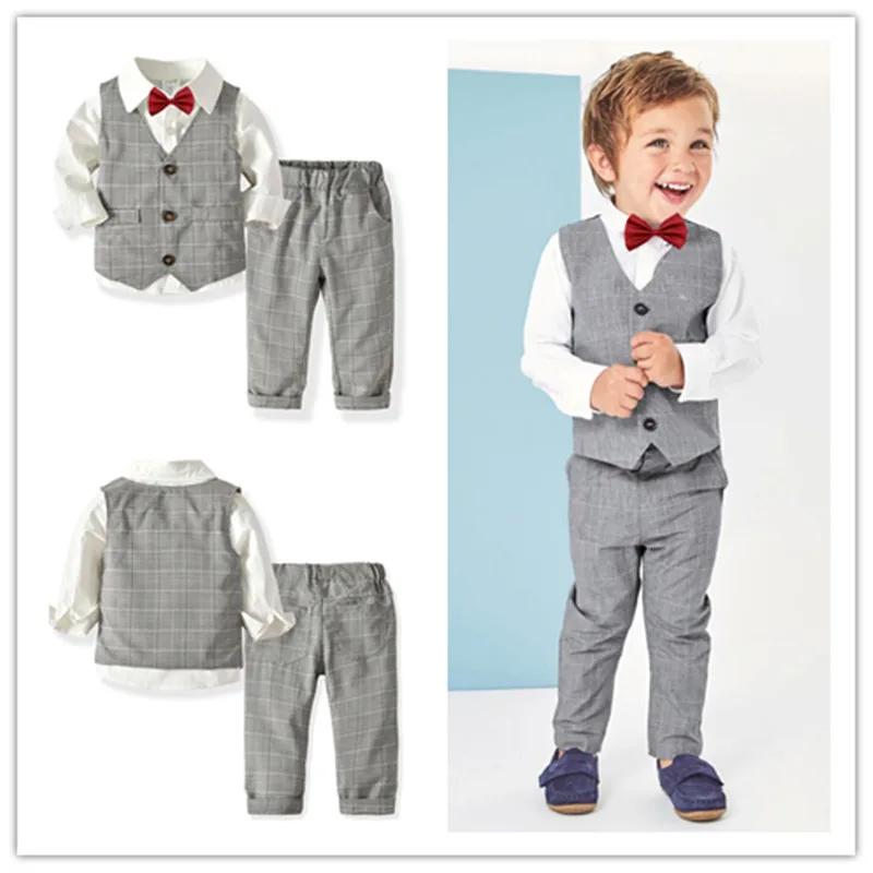 

Baby Boys 4pcs Suits Kids Long-sleeved Shirt Double Layers Vest Long Trousers Bow tie Gentleman Suit Baby 1st Birthday Party Set