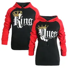Модная новинка, осенне-зимняя толстовка с капюшоном для пар, толстовка с принтом короля и королевы, толстовка с капюшоном и длинным рукавом с карманом для влюбленных