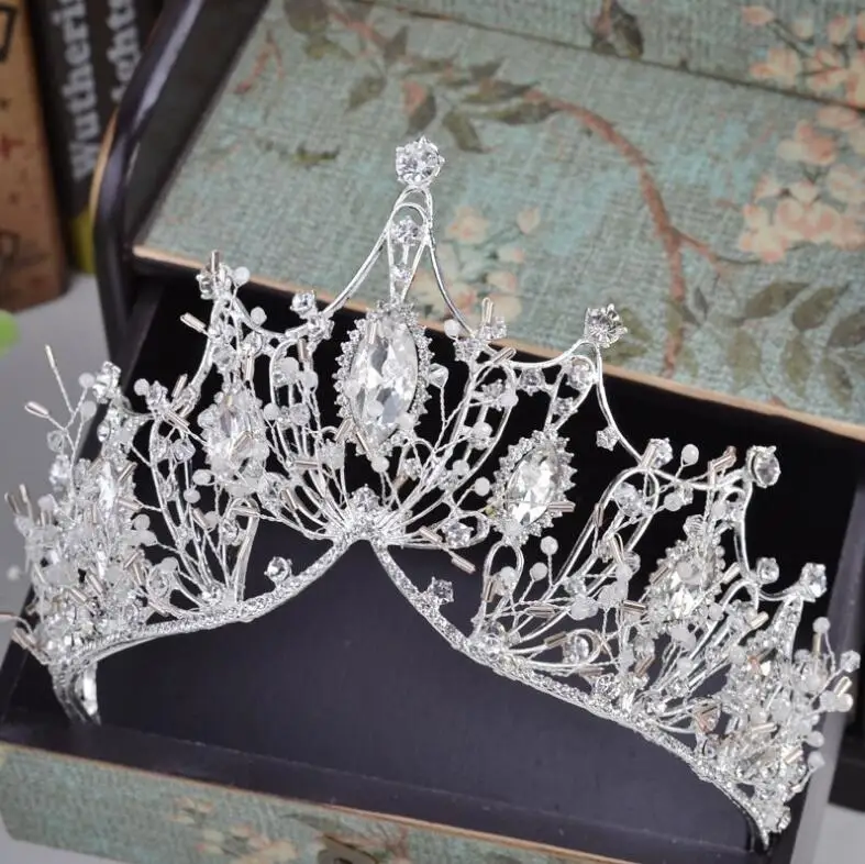KMVEXO New Big Baroque Handmade Crystal Princess Crowns for Queen Rhinestone Tiaras Diadem Wedding Bridal Hair Accessories - Окраска металла: Silver