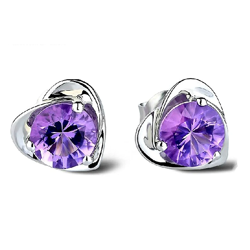 JEXXI 100 Genuine 925 Sterling Silver Woman Earring Elegant Purple CZ Heart Stud Earrings
