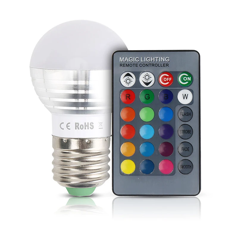 Светодиодная RGB лампочка E27 3 Вт 16 цветов с регулируемой яркостью 24 клавиши + ИК