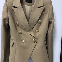 Модный женский роскошный дизайн саржевый шерстяной Блейзер с серебряными двубортными пуговицами тонкие блейзеры с карманами с клапаном